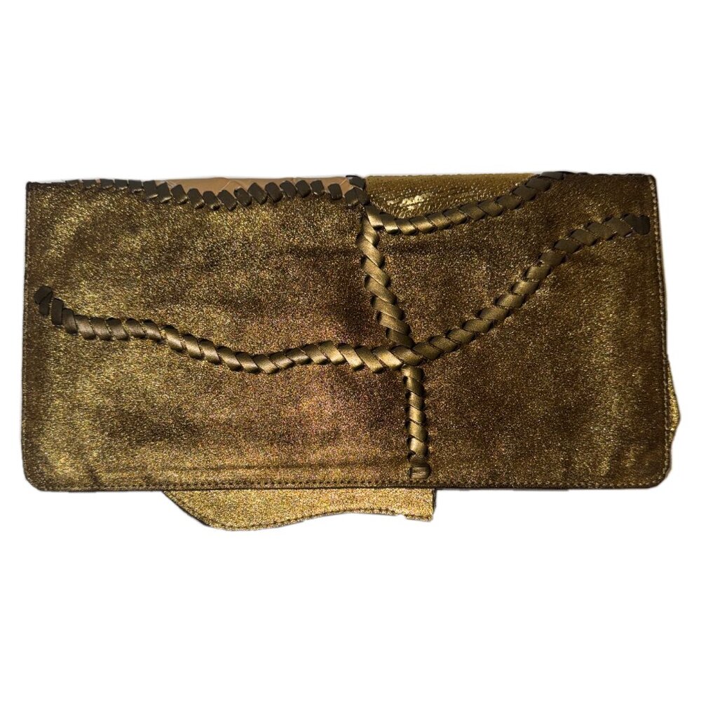 Balmain Gold Croc Leather, Suede, and Rhinestone Patchwork Clutch - Picture 2 of 10